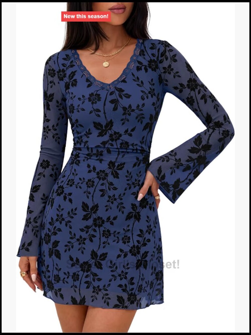 Women's Floral Mesh Long Sleeve Cocktail Club Mini Dress